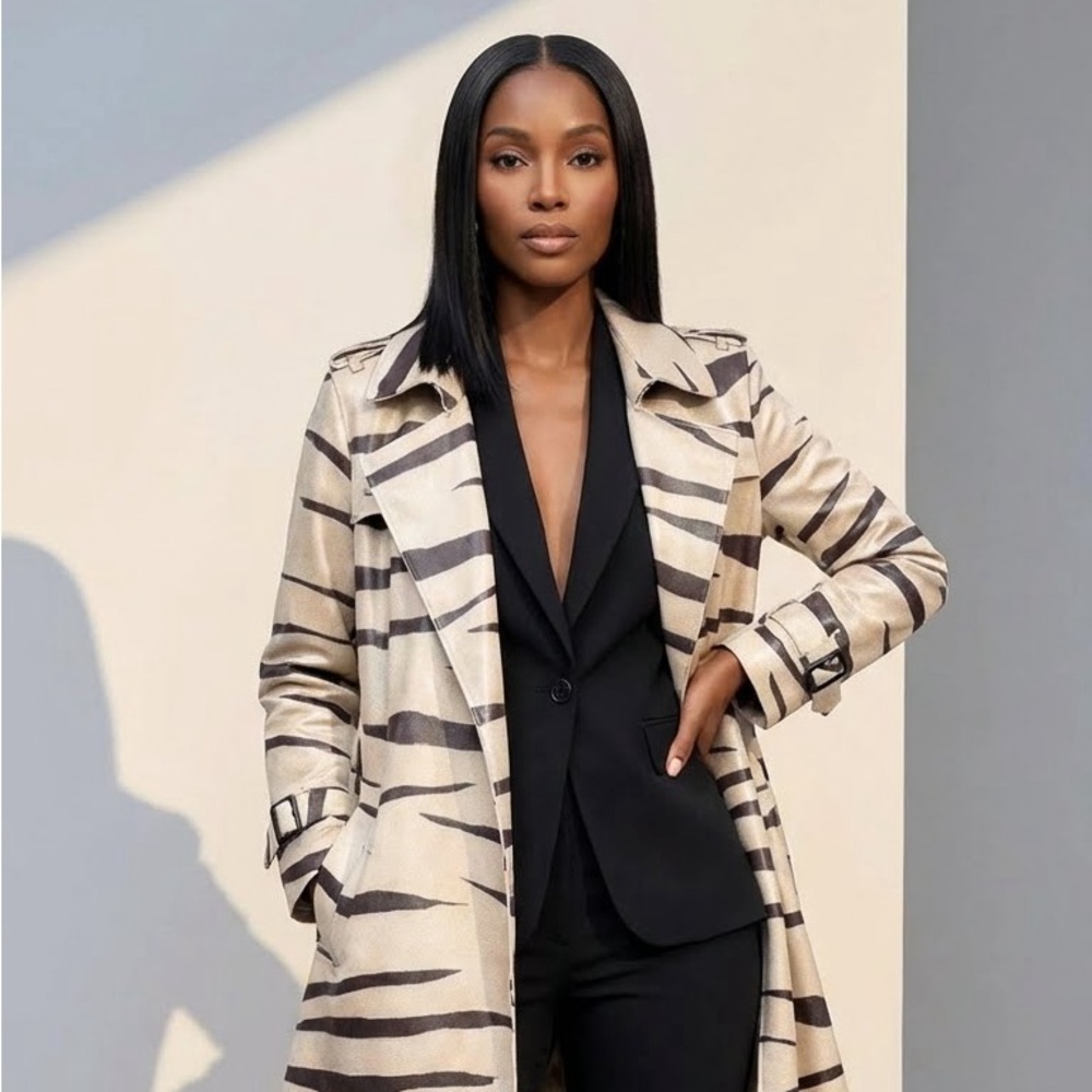 Elegant Zebra Print Belted Lapel Trench - Picture 3 of 11